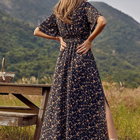 Black Boho Womens Allover Floral Print Split Thigh Belted Dress - Picture 2 of 5